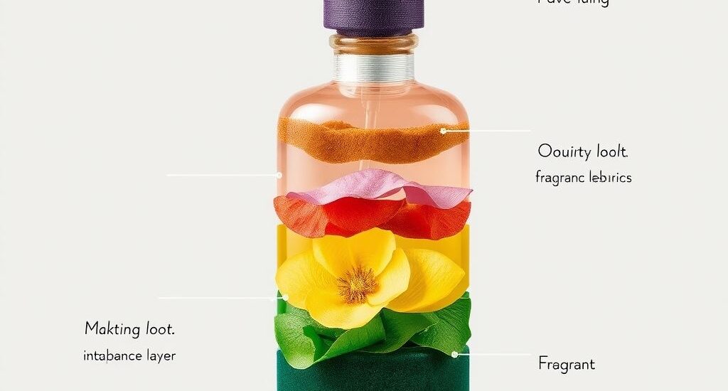 A minimalist flat-lay of perfume bottles, body lotion, and scented oils used for fragrance layering techniques.