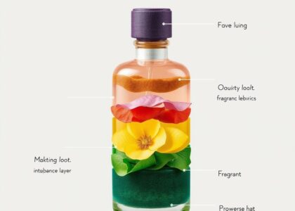 A minimalist flat-lay of perfume bottles, body lotion, and scented oils used for fragrance layering techniques.