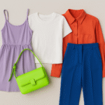 A flat-lay photo showcasing color pop fashion accessories and outfits, including a neon green handbag, cobalt blue trousers, lavender sundress, white T-shirt, and red-orange shirt arranged on a beige surface.