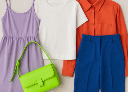 A flat-lay photo showcasing color pop fashion accessories and outfits, including a neon green handbag, cobalt blue trousers, lavender sundress, white T-shirt, and red-orange shirt arranged on a beige surface.