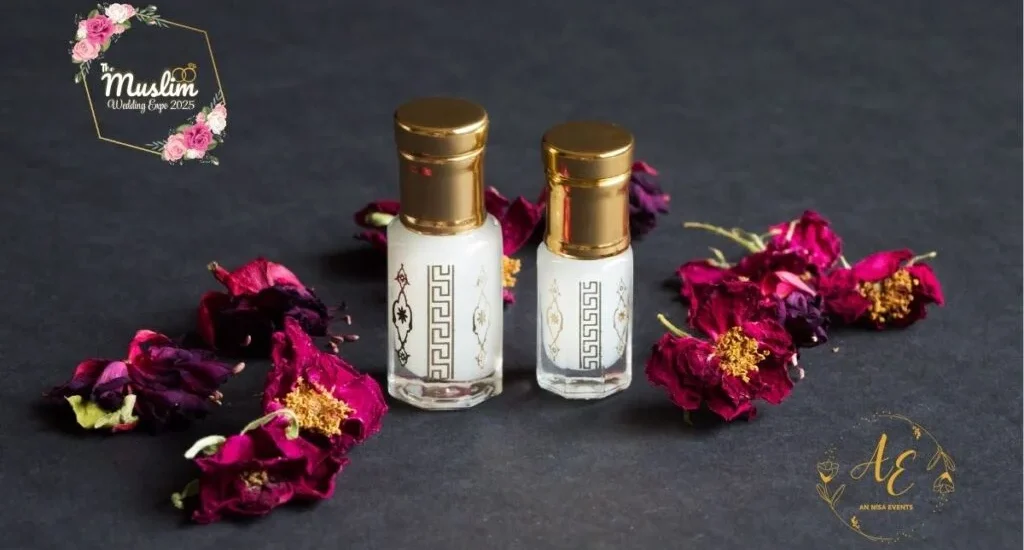 A stylish bottle of natural oud oil with prayer beads and a clean white background, symbolizing Sunnah elegance in 2025.