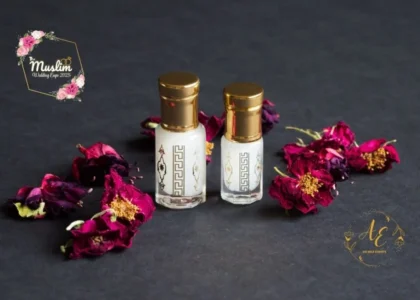 A stylish bottle of natural oud oil with prayer beads and a clean white background, symbolizing Sunnah elegance in 2025.