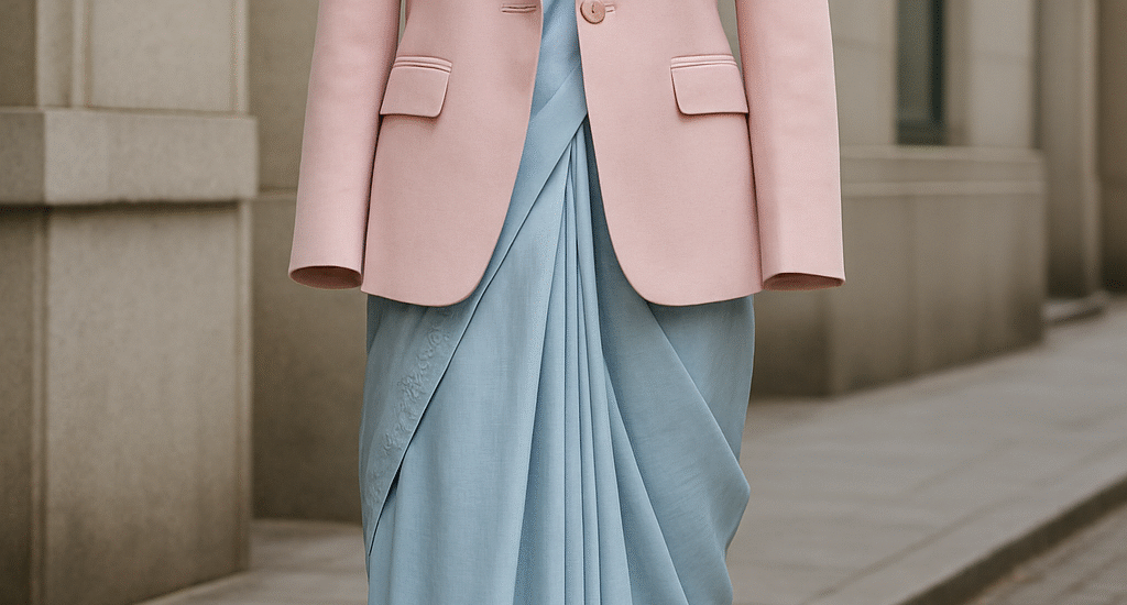Woman wearing a powder blue saree with a pastel pink blazer and white sneakers, smiling confidently on a city street.