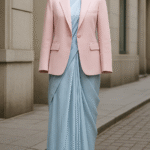 Woman wearing a powder blue saree with a pastel pink blazer and white sneakers, smiling confidently on a city street.