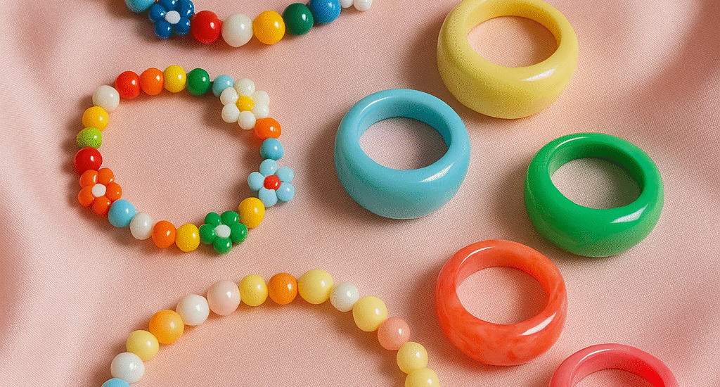 Close-up of colorful resin rings and beaded necklaces laid out on a pastel pink satin background, styled for a 2025 fashion flatlay.