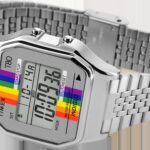 Timex T80 Rainbow Watch styled on wrist with retro outfit