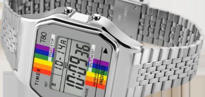 Timex T80 Rainbow Watch styled on wrist with retro outfit