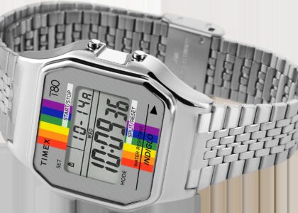 Timex T80 Rainbow Watch styled on wrist with retro outfit
