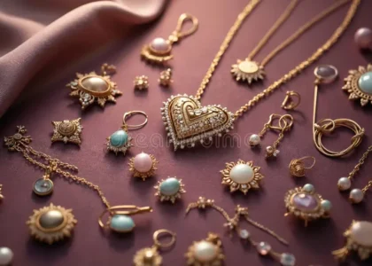 “Flat lay of mixed metal jewelry including gold and silver rings, necklaces, and bracelets on a neutral linen surface.”