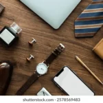Vintage minimalist men's watch on notebook with leather strap