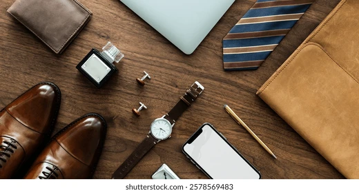 Vintage minimalist men's watch on notebook with leather strap