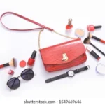 Flat lay of five studded handbags perfect for summer dresses