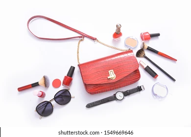 Flat lay of five studded handbags perfect for summer dresses