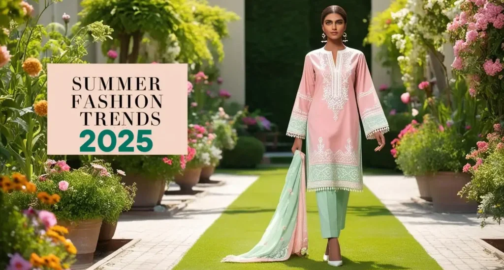 Model wearing a dill green linen outfit in a sunny outdoor setting, representing the 2025 summer fashion trend.