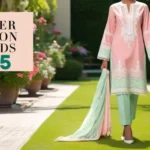 Model wearing a dill green linen outfit in a sunny outdoor setting, representing the 2025 summer fashion trend.