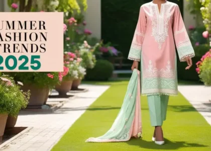 Model wearing a dill green linen outfit in a sunny outdoor setting, representing the 2025 summer fashion trend.